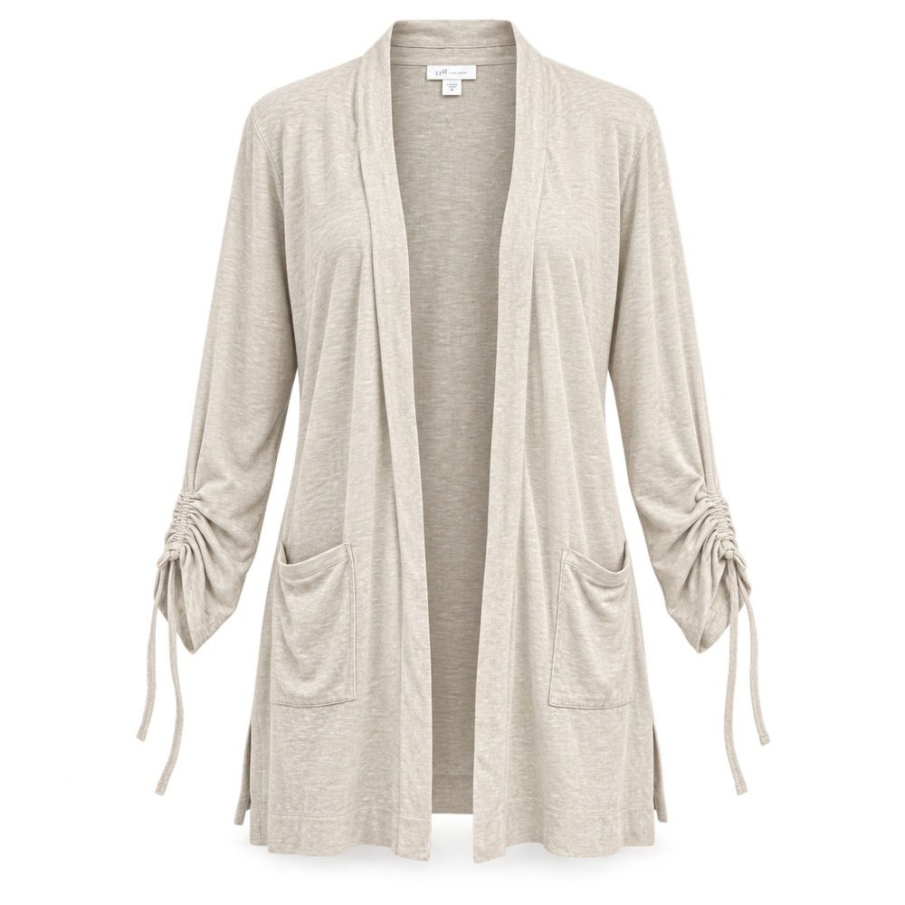J.Jill LOVE LINEN Cardigan M Beige Ruched Drawstring Sleeve Open Front Pockets